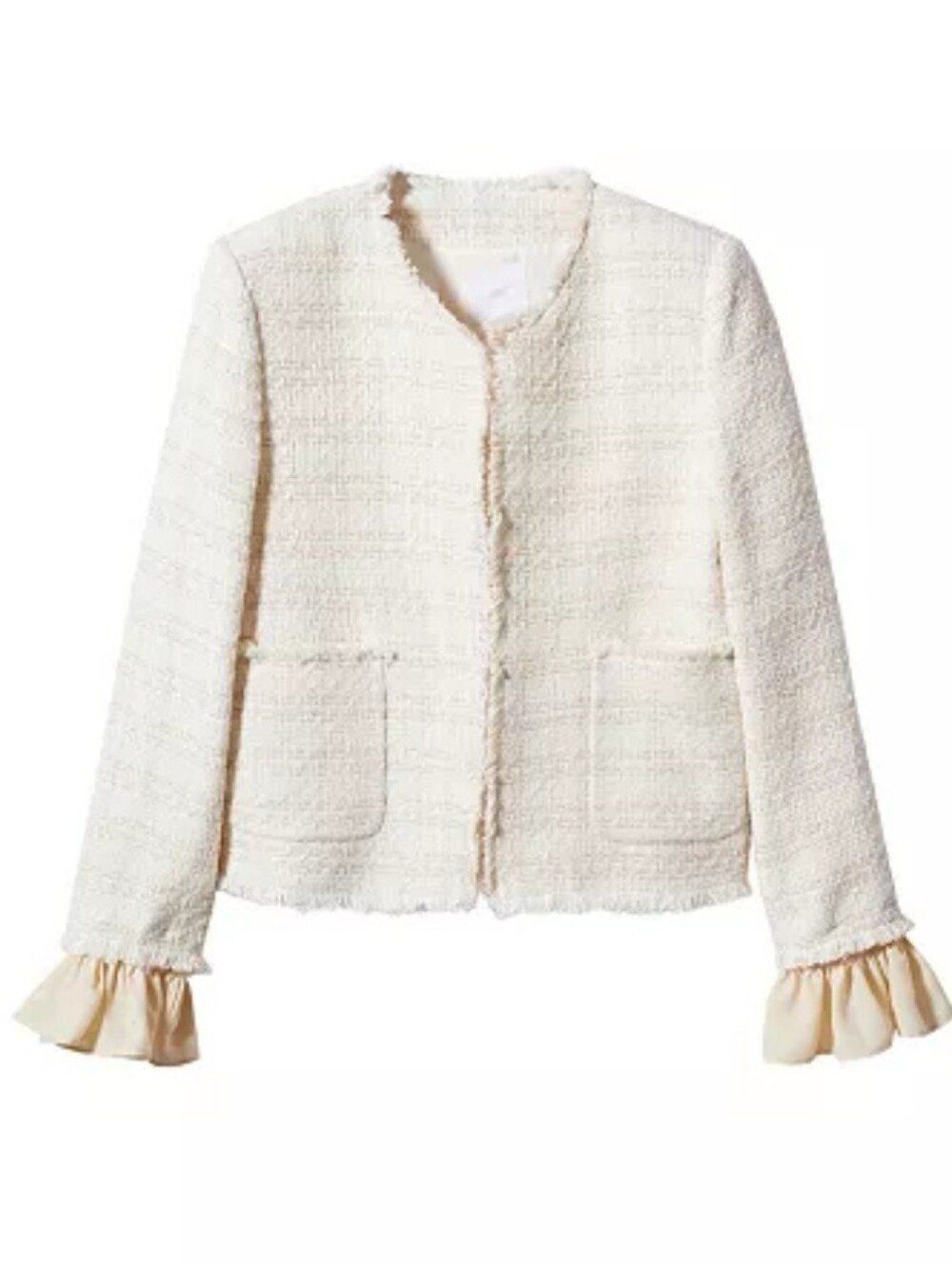 Mango Cream Tweed Collarless Jacket with Ruffle Cuffs (Removable) - Picture 3 of 15